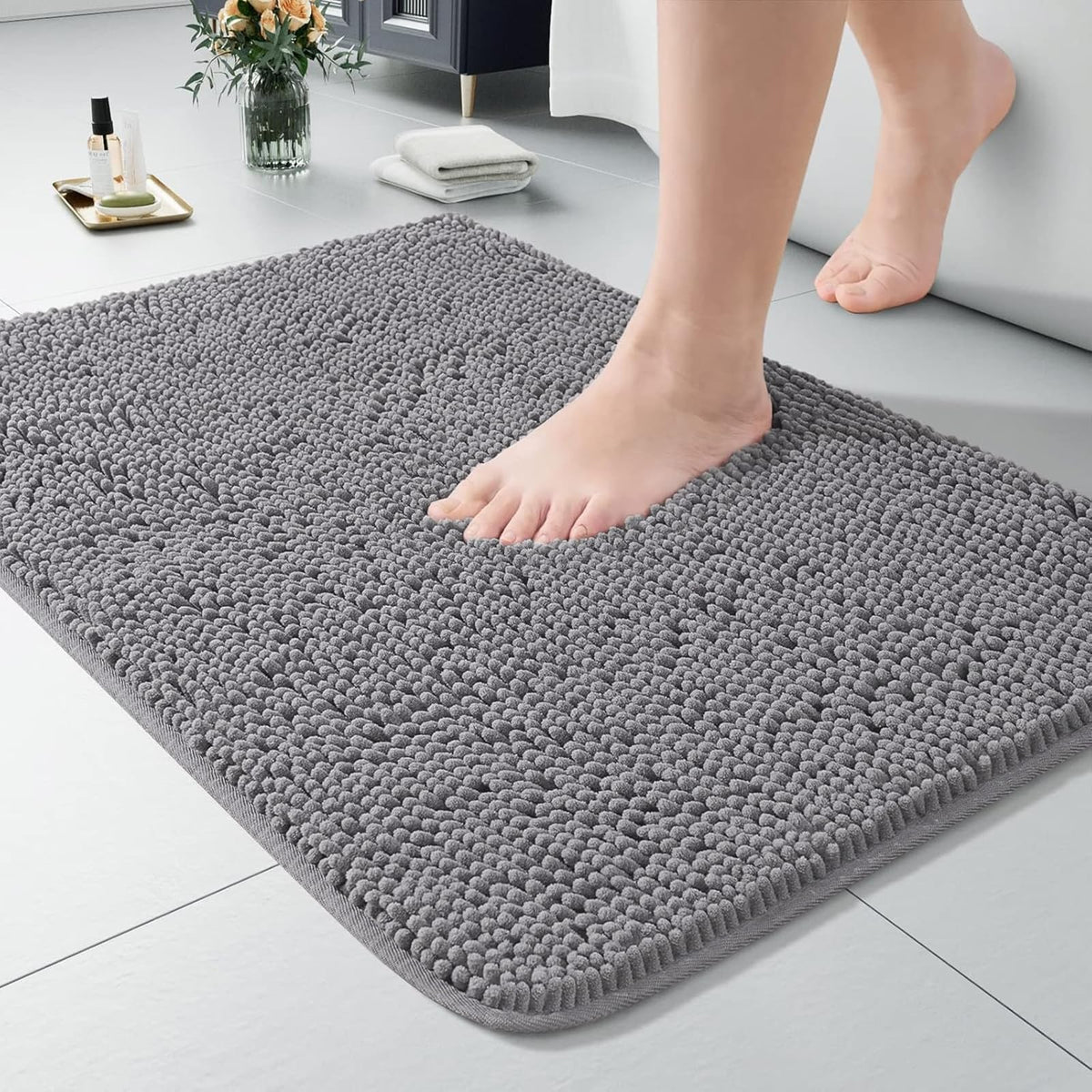 LOCHAS Luxury Bathroom Rug Shaggy Bath Mat 24 x 60 Inch, Gray