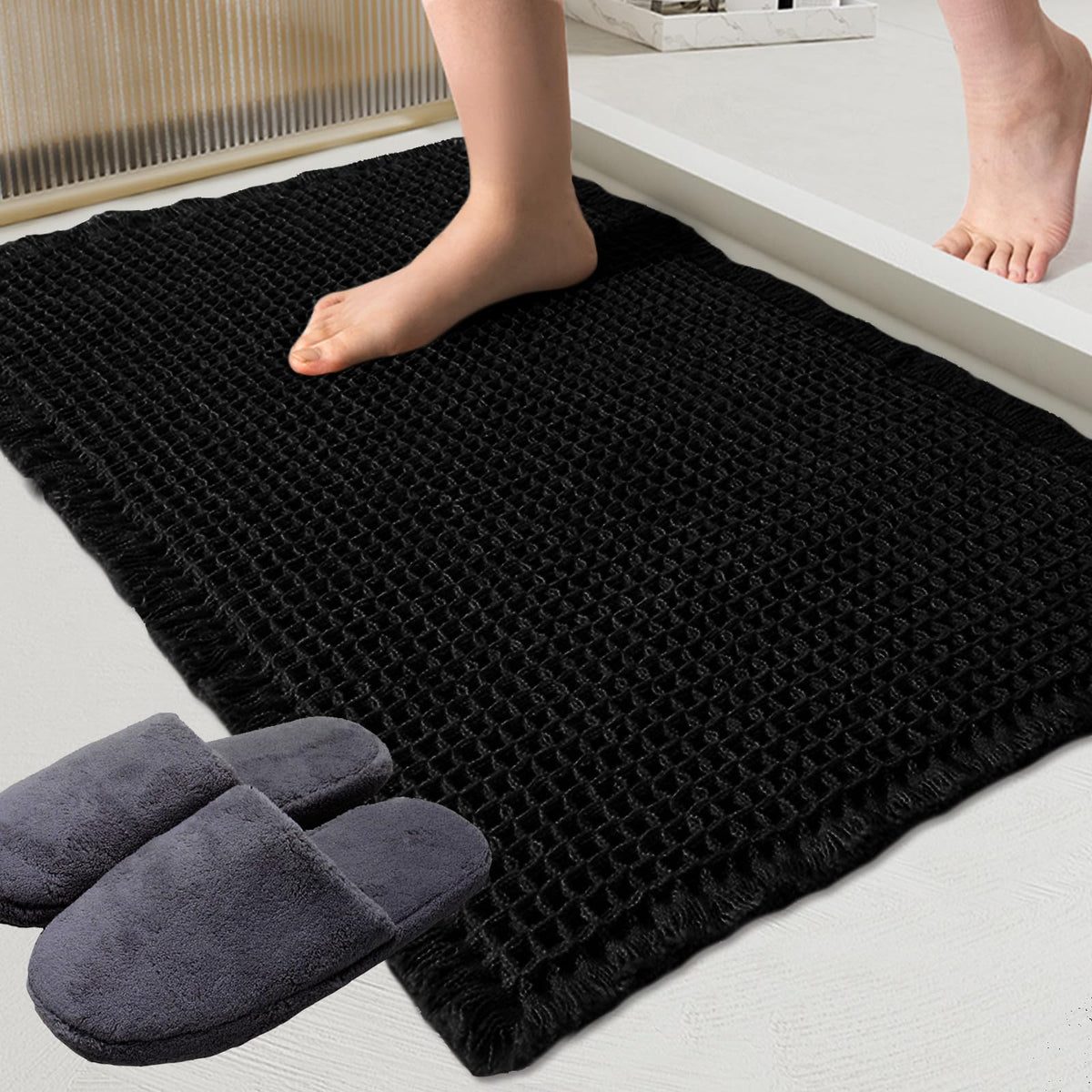 ZALL Tan Waffle Bath Mat,Super Absorbent Non Slip Bathroom Rug,Brown 18x30inch,Machine Washable Ultra Soft Floor Mats