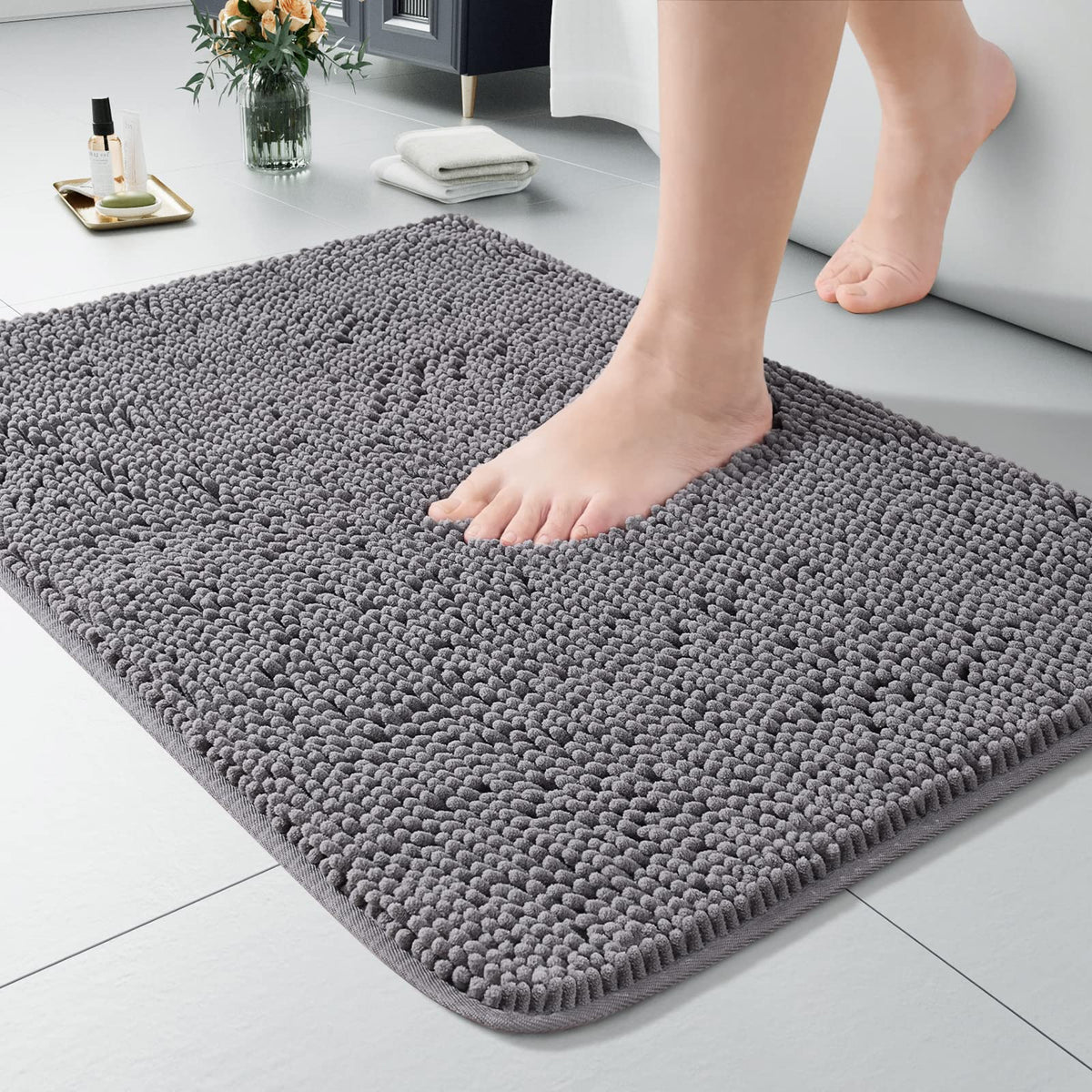 LOCHAS Luxury Bathroom Rug Shaggy Bath Mat 24 x 60 Inch, Gray