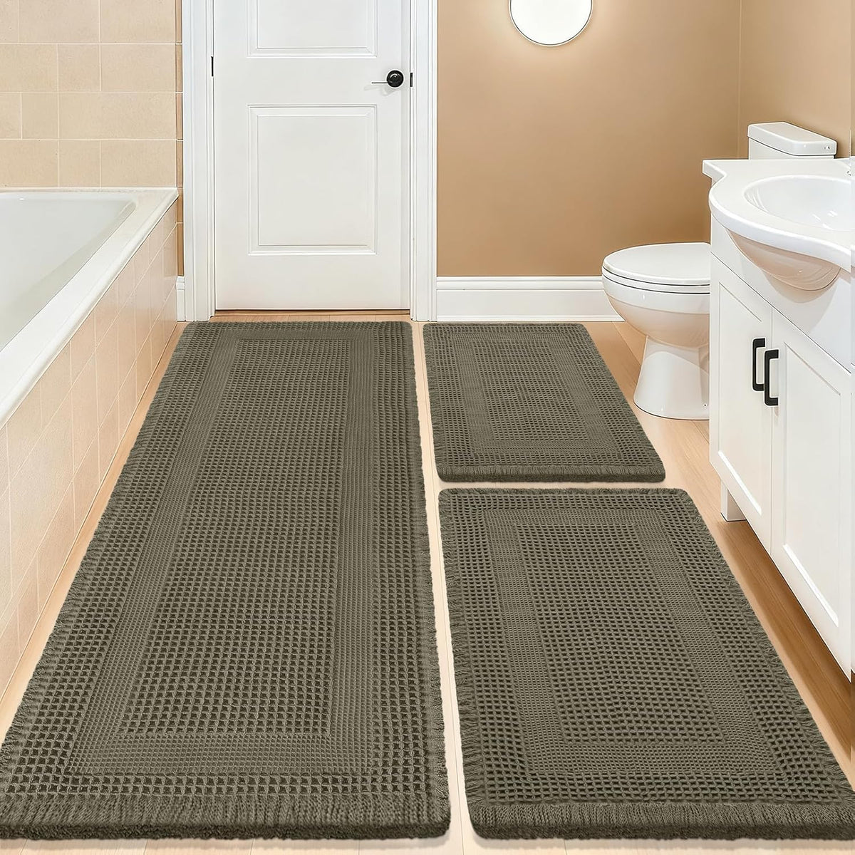 Upgrade Waffle Bath Mat Set 2 Piece, Boho Bathroom Rugs Absorbent Non Slip, Ultra Soft Bathroom Mat, Machine Washable Knit Bath Rugs with Herringbones for Bathroom, Bedroom, Kitchen, Shower, White
