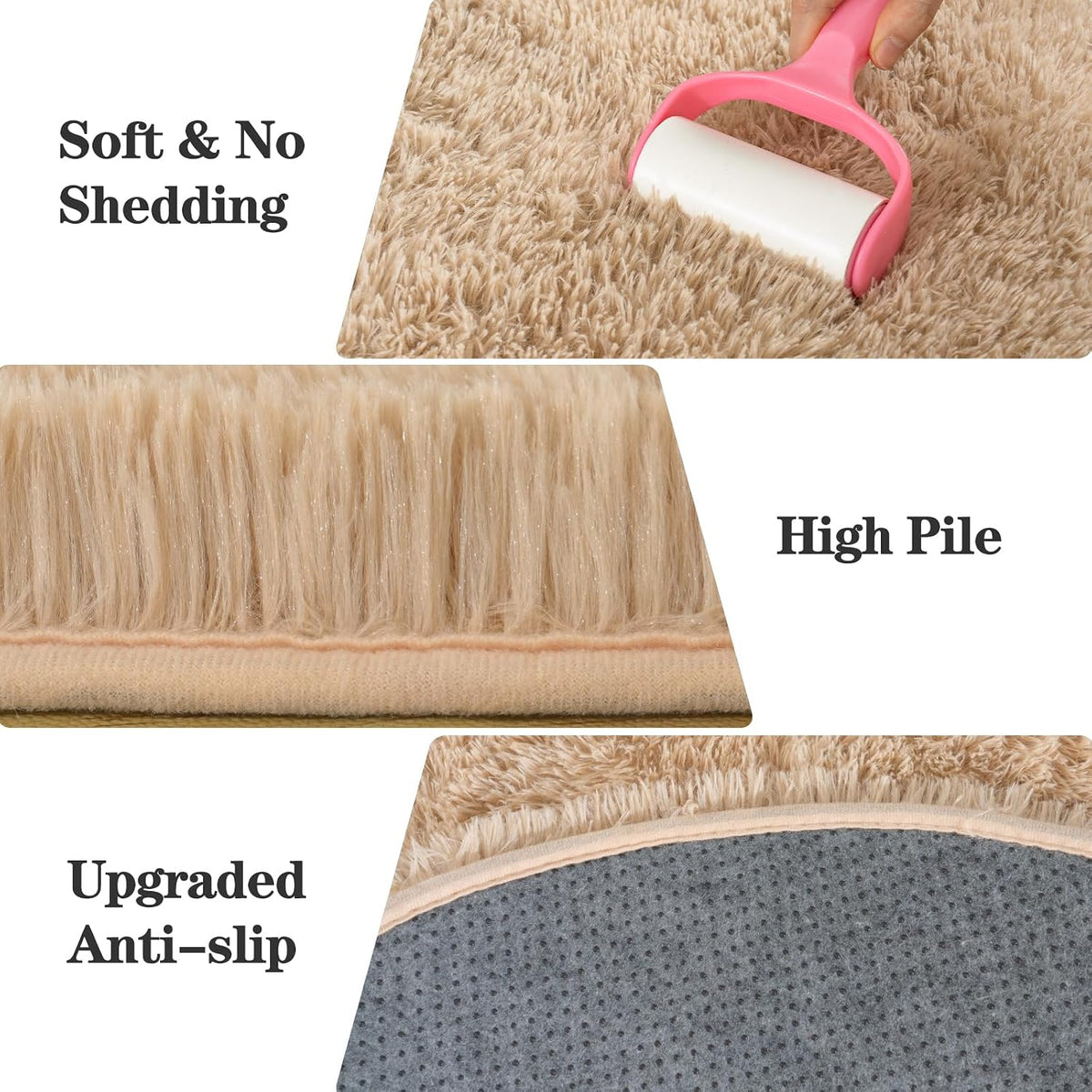 Soft Oval Beige Fluffy Rugs for Bedroom Washable Non-Slip, Set of 2