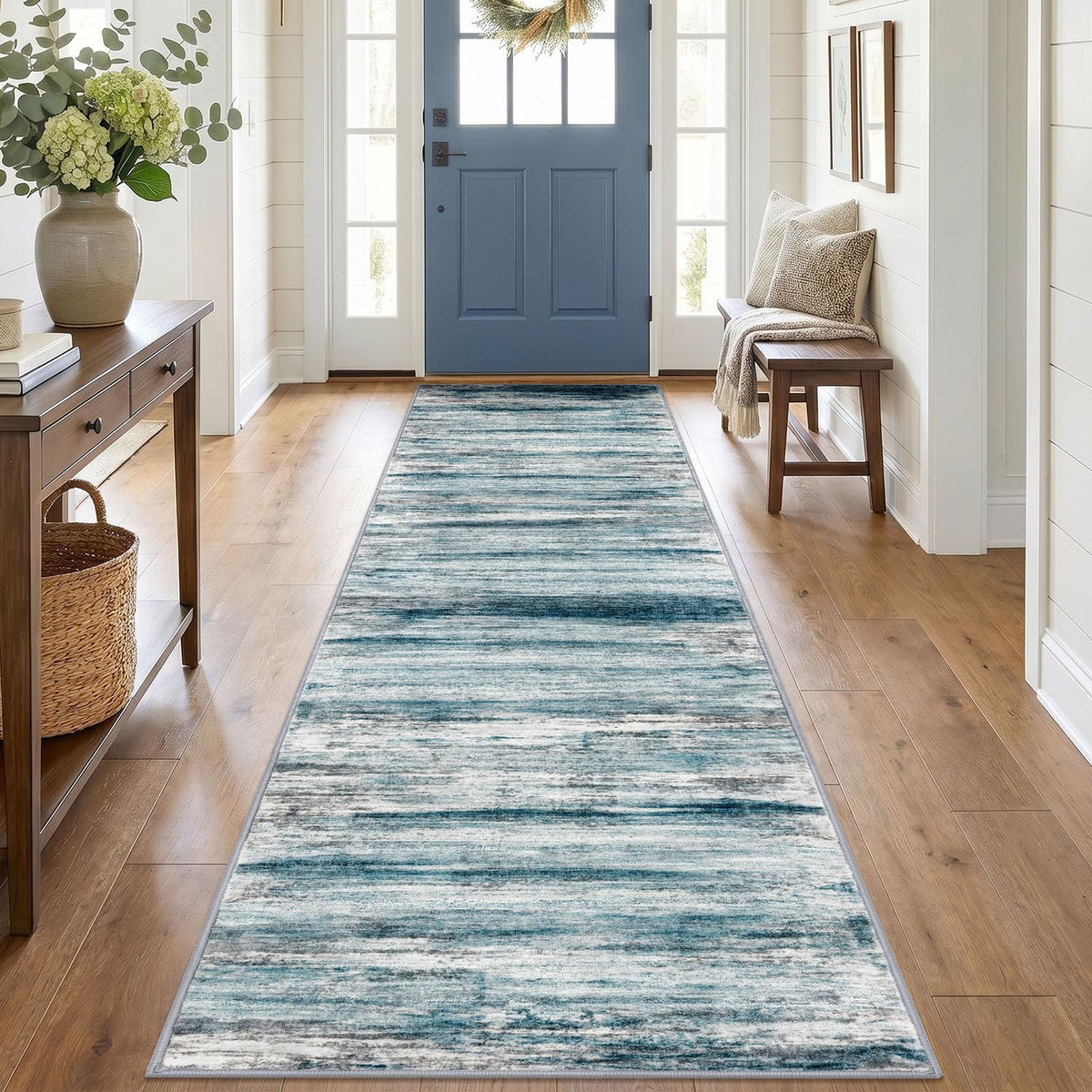 KOZYFLY Abstract Entryway Rug 2x3 Washable Door Mat Indoor Blue Beige