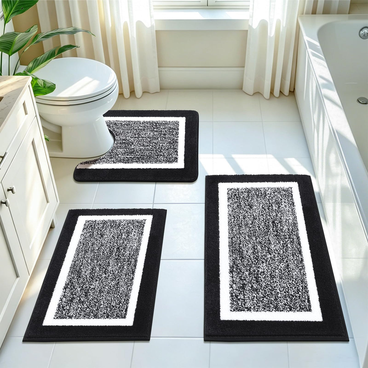 Pauwer Bathroom Rugs 3 Piece Set, Non Slip Washable Bath Mat, Dark Grey