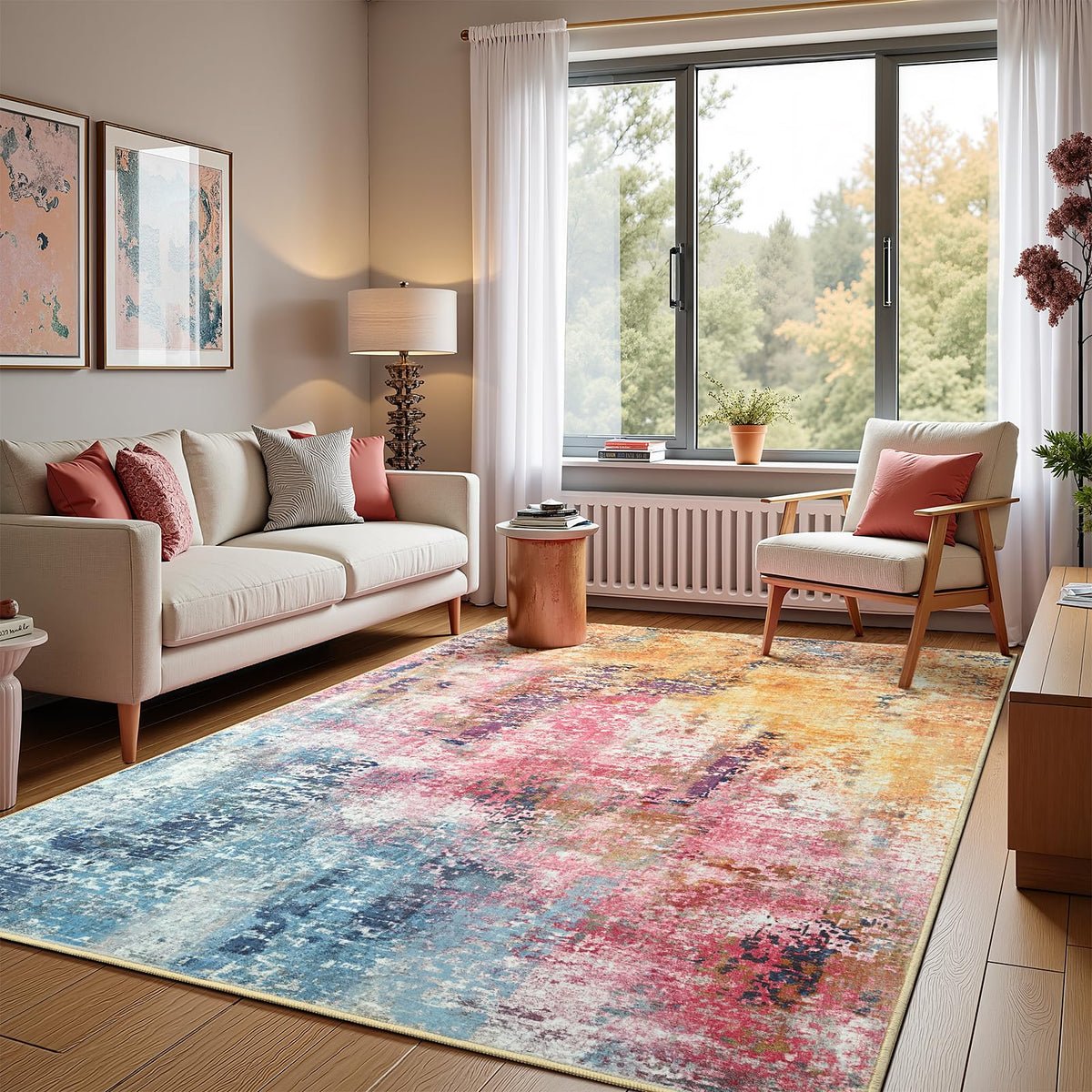 Pink Washable Runner Rug for Bedroom, Abstract Non-Slip Soft Entryway Rugs, Modern Low Pile Stain Resistant 2x6 Carpet for Entryway, Kitchen, Hallway, Bedside