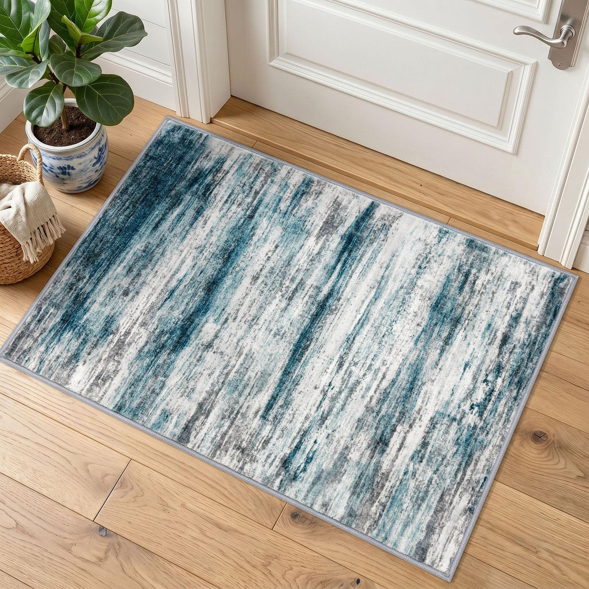 KOZYFLY Abstract Rugs for Entryway 2x3 Washable Small Area Rug Grey-Blue