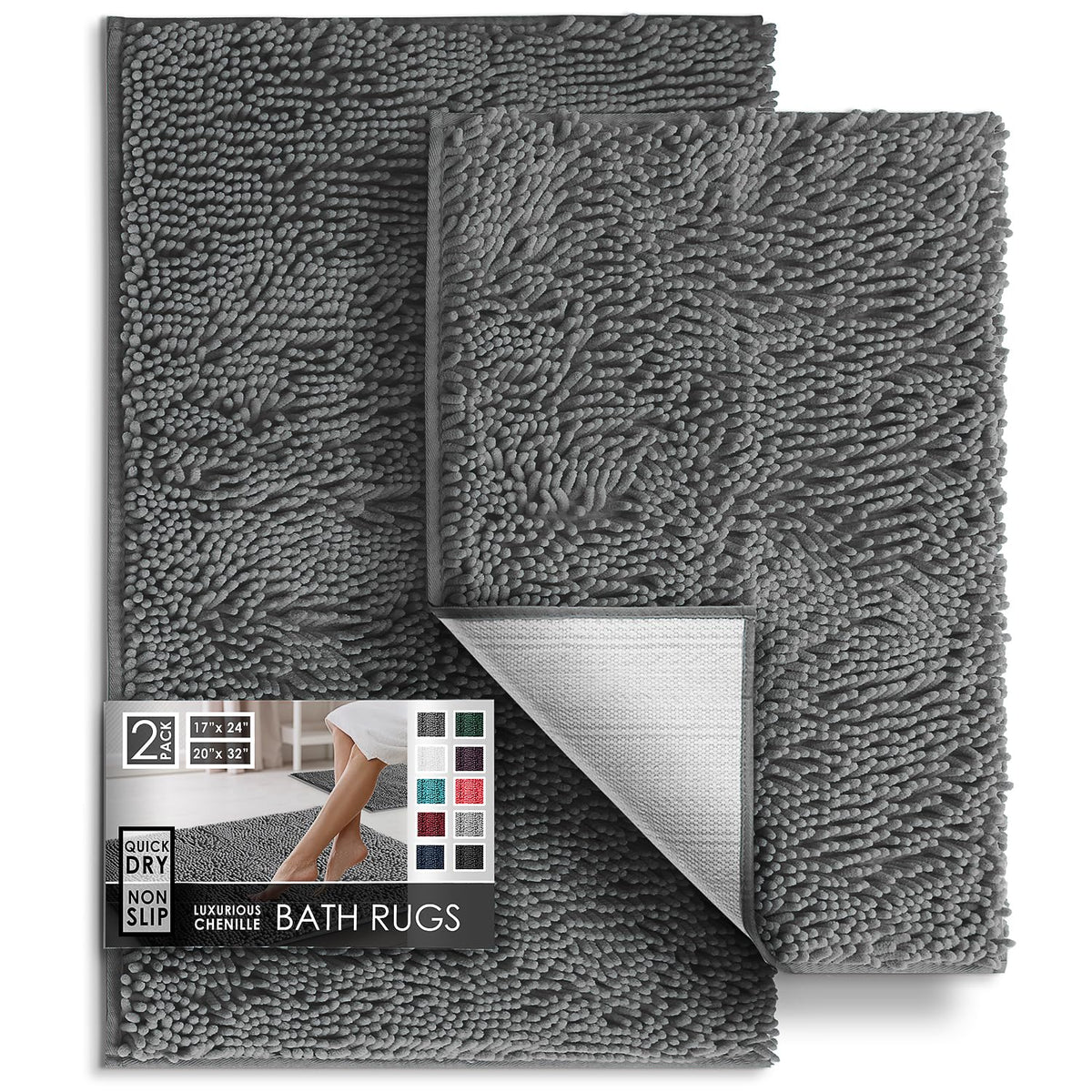 Hearth & Harbor Bathroom Rugs, Chenille Bath Mat - Machine Washable Bath Mats for Bathroom Non-Slip Backing Rubber, Quick Dry Bathroom Mat, 17 x 24 + 20 x 32 - Hunter Green