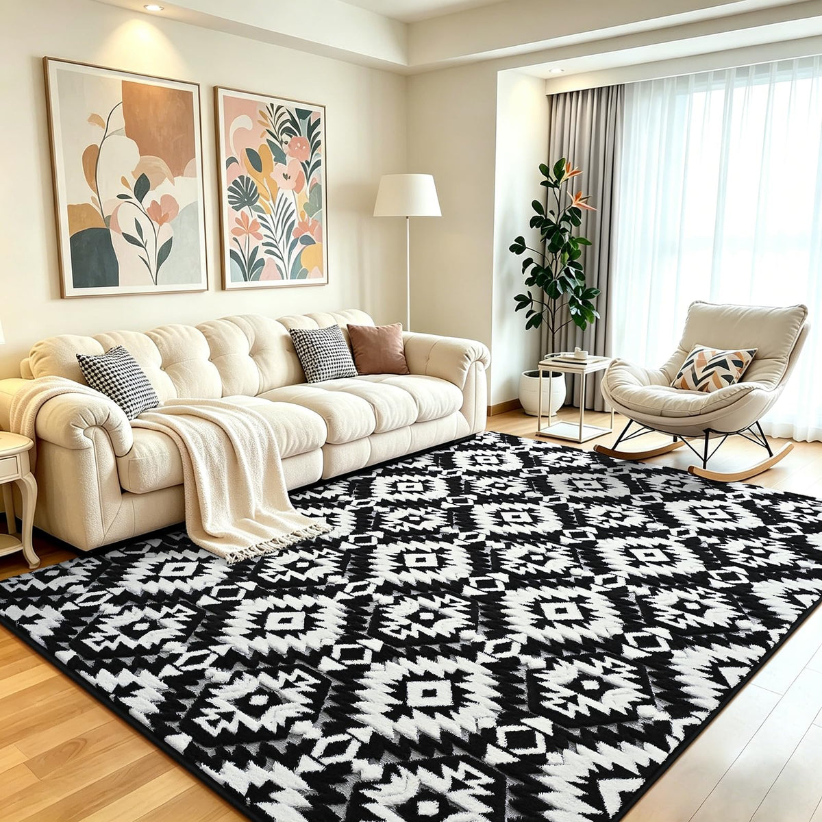 Grey Fluffy Area Rug for Bedroom, 3x5 Geometric Shag Rugs