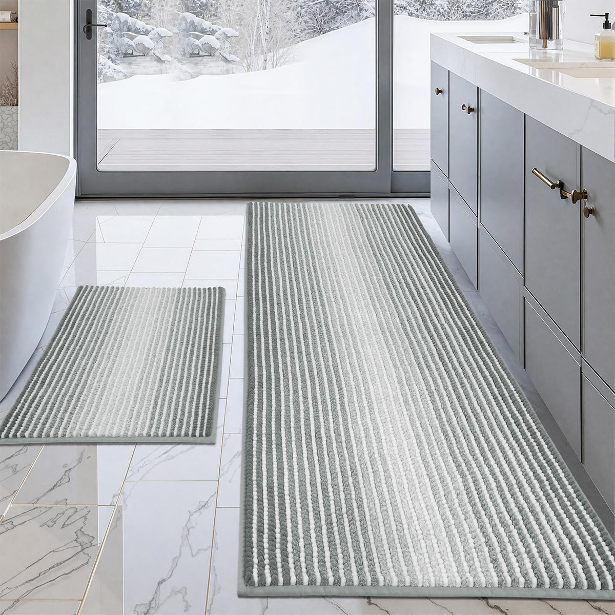 BSICPRO Bathroom Rugs Sets 2 Piece, Non Slip Striped Bath Mats, Sage