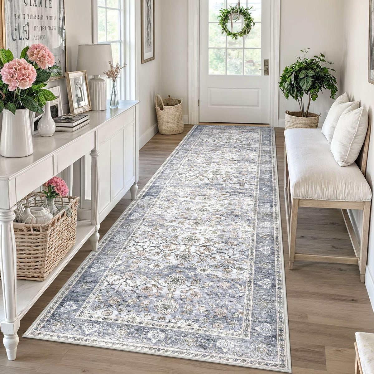 KUTA Vintage Floral Washable 2x3 Rugs for Entryway Blue Grey Beige