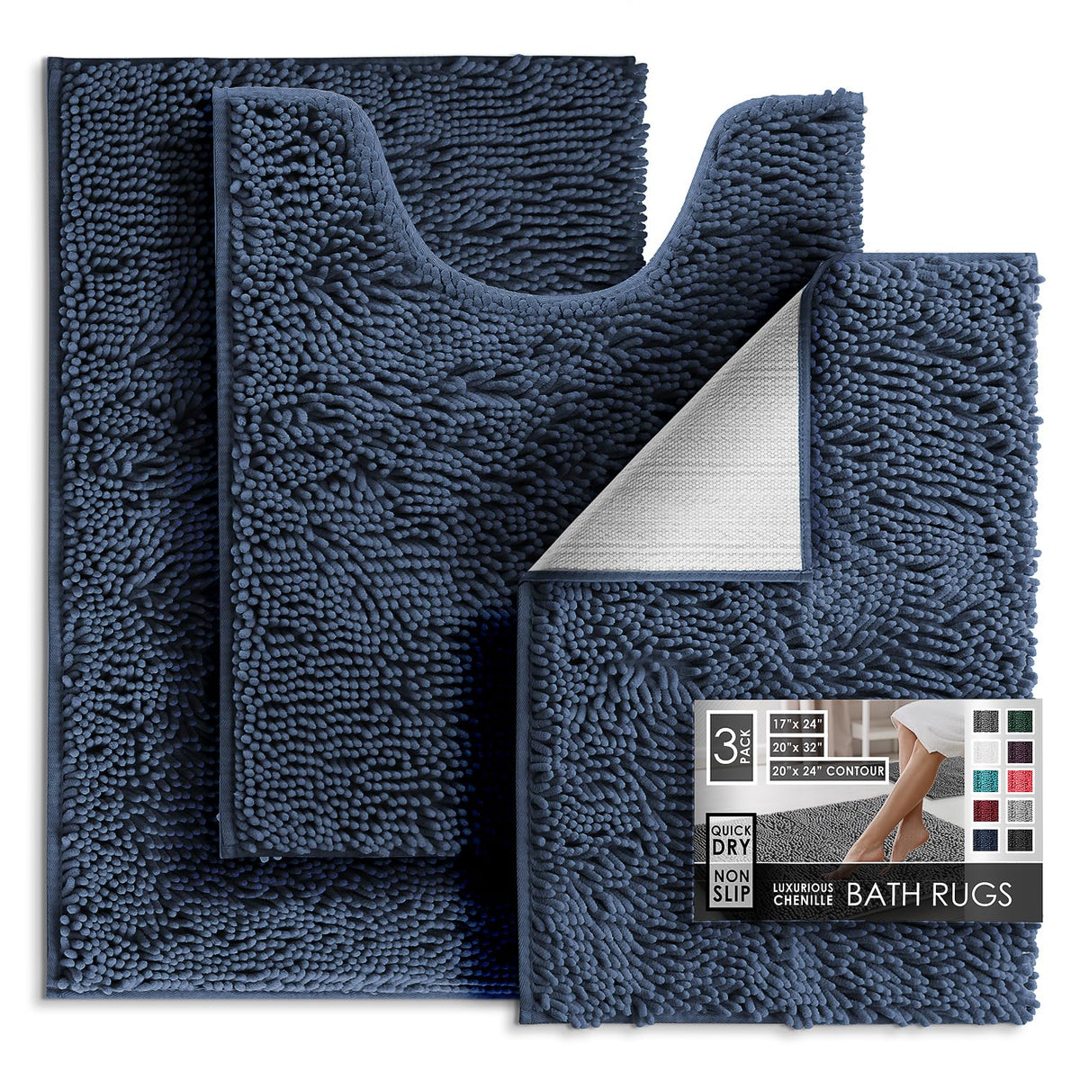 Hearth & Harbor Bathroom Rugs, Chenille Bath Mat - Machine Washable Bath Mats for Bathroom Non-Slip Backing Rubber, Quick Dry Bathroom Mat, 17 x 24 + 20 x 32 - Hunter Green
