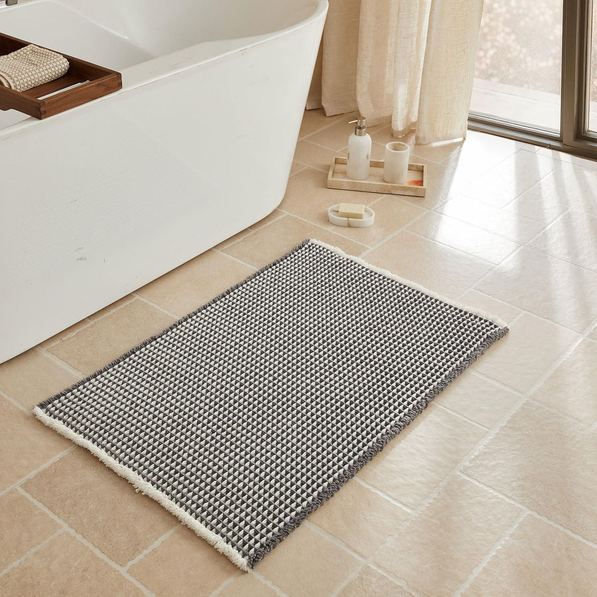 Triohero Waffle Bath Mat, Small Boho Bathroom Rugs Non Slip, 16x24 Khaki