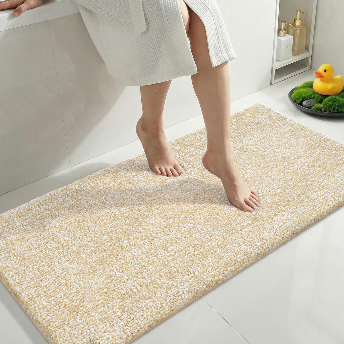 Yimobra Non Slip Machine Washable Bathroom Rug 24x17 Light Beige and White