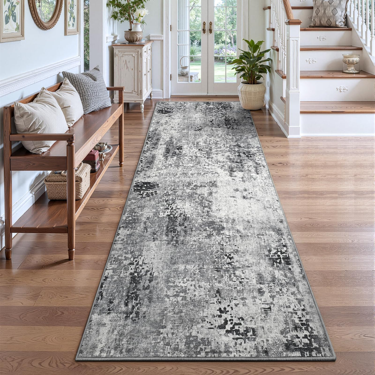 Ompaa 2x6 Rug Runners for Hallways Kitchen Runner Rug Non Slip Washable Grey Long Runner Rugs with Rubber Backing Soft Abstract Carpet Runner for Hallways, Kitchen, Bedroom, Bathroom, Entryway