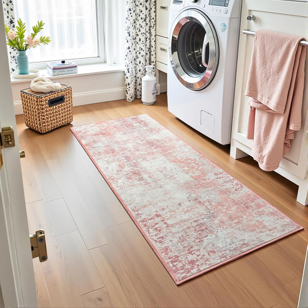 Pink Washable Runner Rug for Bedroom, Abstract Non-Slip Soft Entryway Rugs, Modern Low Pile Stain Resistant 2x6 Carpet for Entryway, Kitchen, Hallway, Bedside