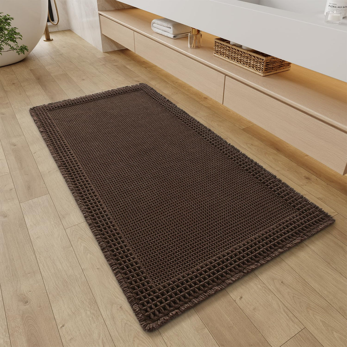 RESARE Waffle Bathroom Runner Rugs, Non Slip Boho Bath Mat 24"x72" Brown