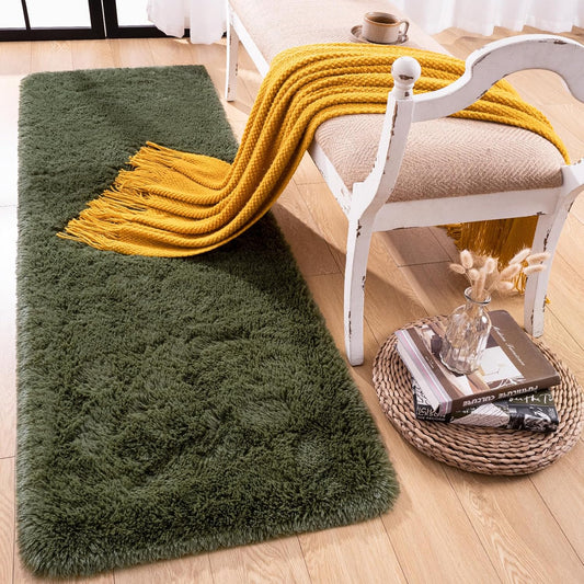 Runner Rug for Bedroom, 2x6 Soft Shag Fluffy Area Rugs for Girls Boy's Room, Plush Shaggy Carpet with Non-Slip Bottom for Living Room Dorm, Olive Green
