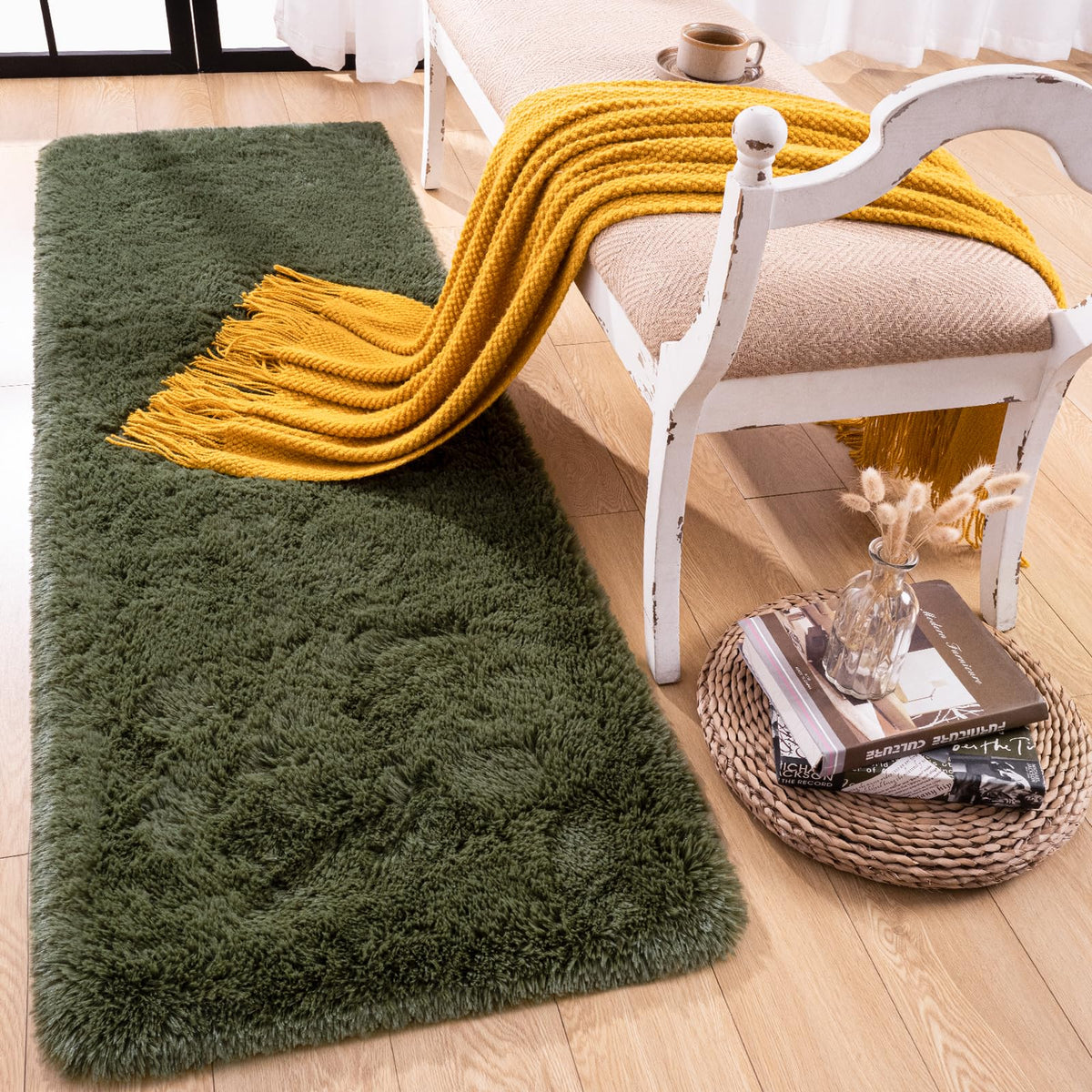Runner Rug for Bedroom, 2x6 Soft Shag Fluffy Area Rugs for Girls Boy's Room, Plush Shaggy Carpet with Non-Slip Bottom for Living Room Dorm, Olive Green