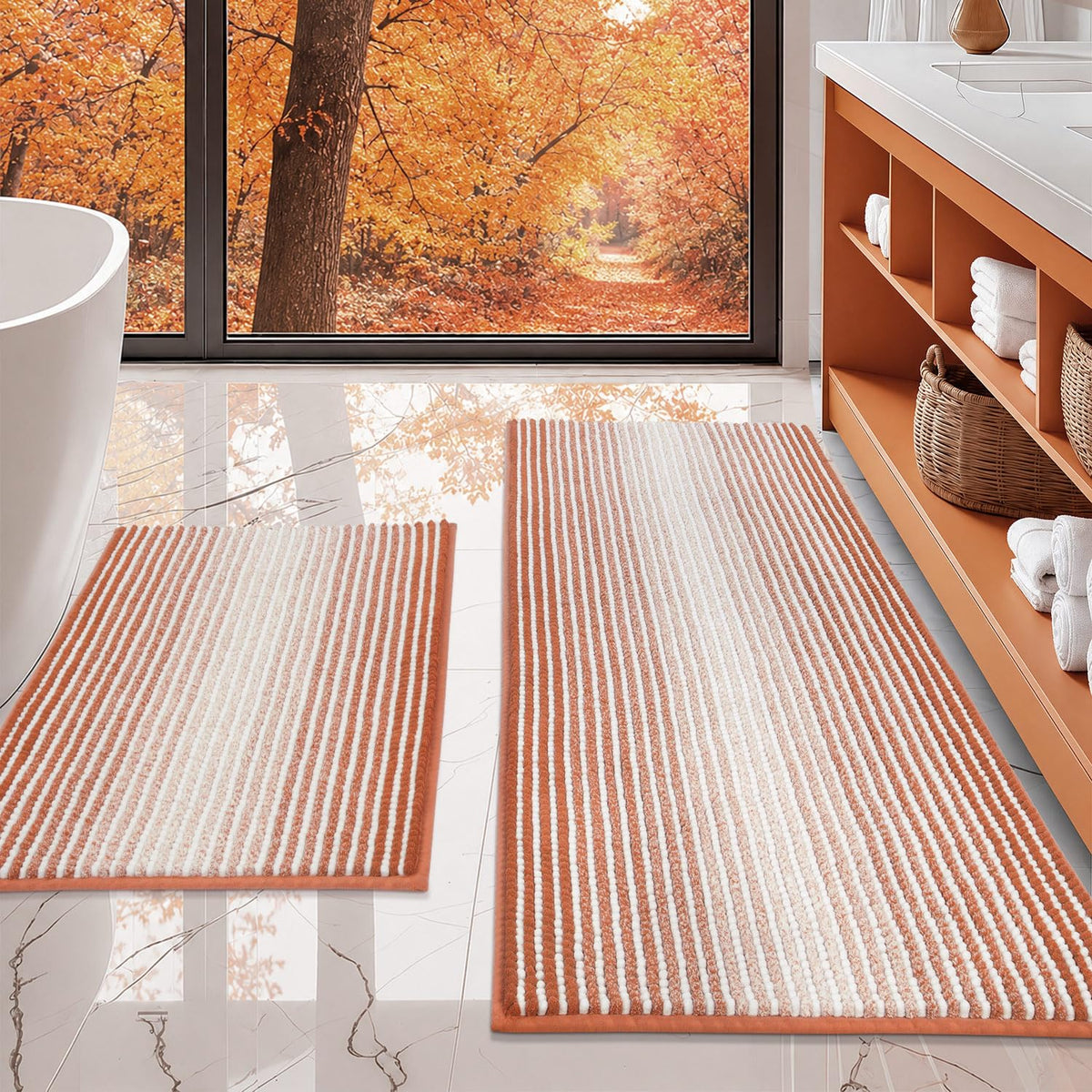 BSICPRO Bathroom Rugs Sets 2 Piece, Non Slip Striped Bath Mats, Sage