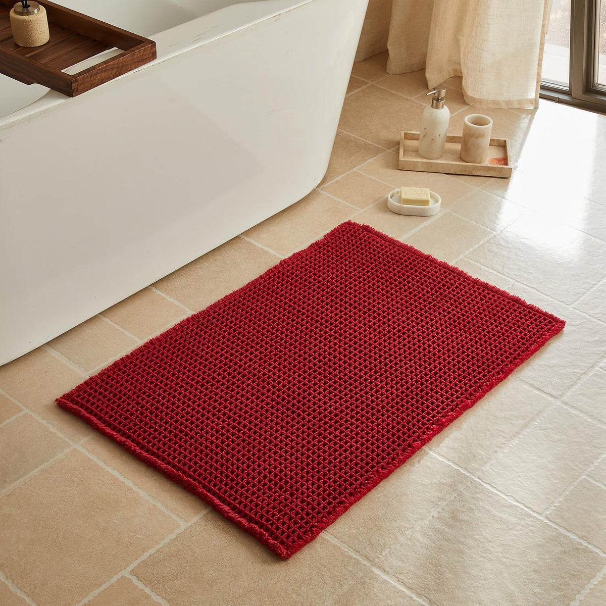 Triohero Waffle Bath Mat, Small Boho Bathroom Rugs Non Slip, 16x24 Khaki
