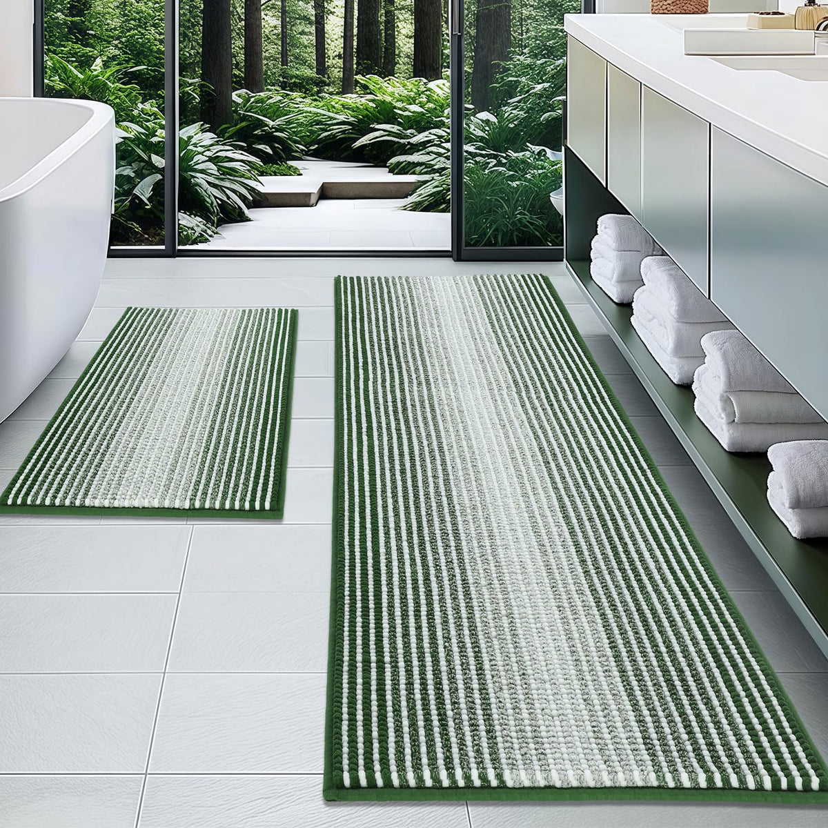BSICPRO Bathroom Rugs Sets 2 Piece, Non Slip Striped Bath Mats, Sage