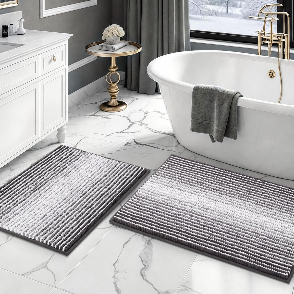 BSICPRO Bathroom Rugs Sets 2 Piece, Non Slip Boho Bath Mats, Beige
