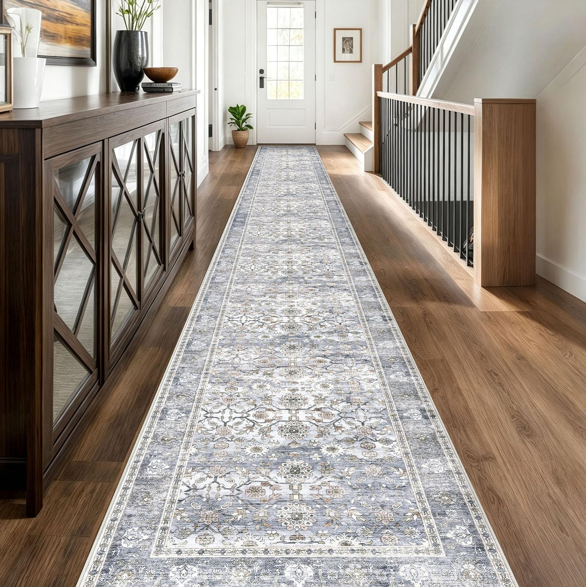 KUTA Vintage Floral Washable 2x3 Rugs for Entryway Blue Grey Beige