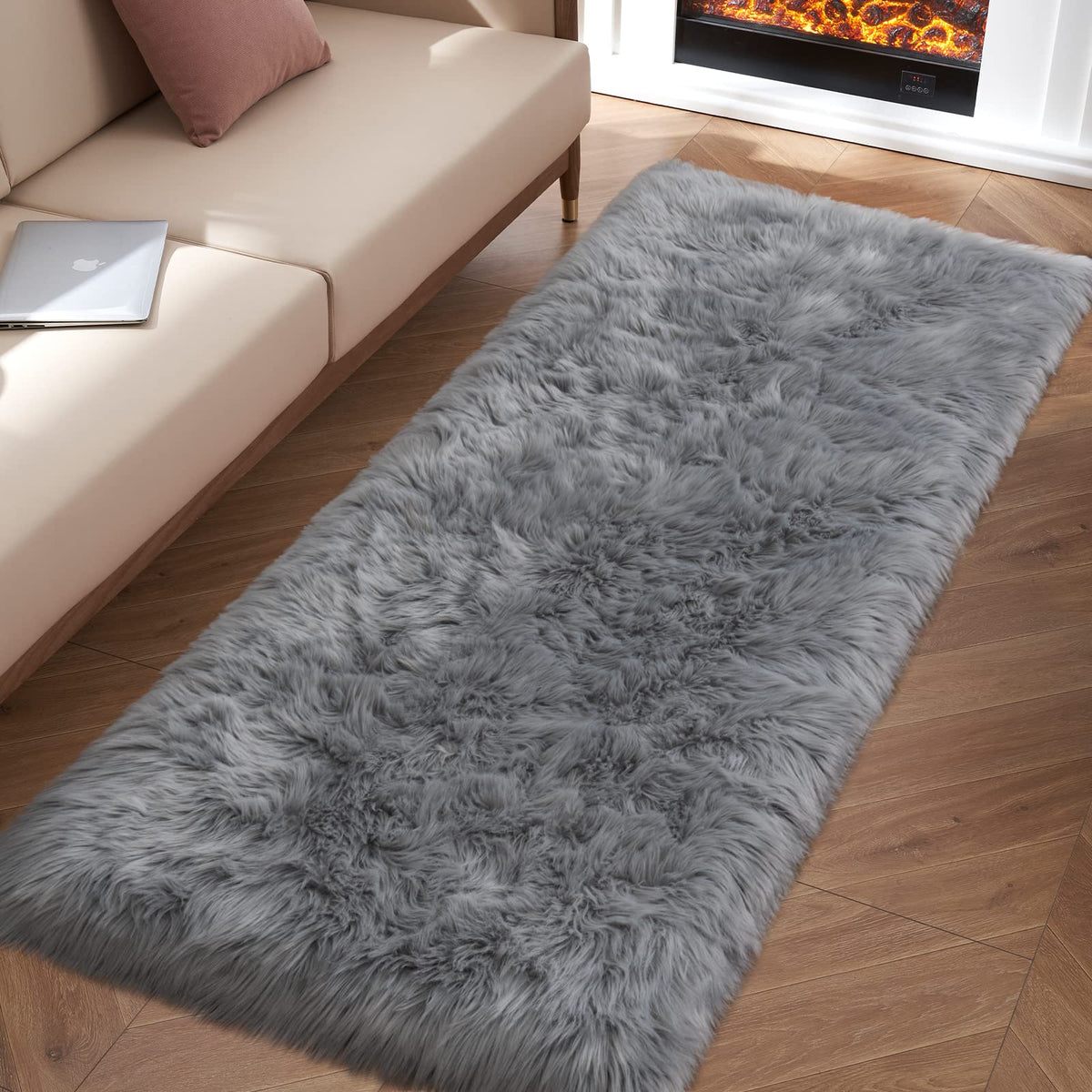 Tangsoo 2x6 Beige Faux Fur Rug,Soft Sheepskin Fluffy Runner Rug for Bedroom