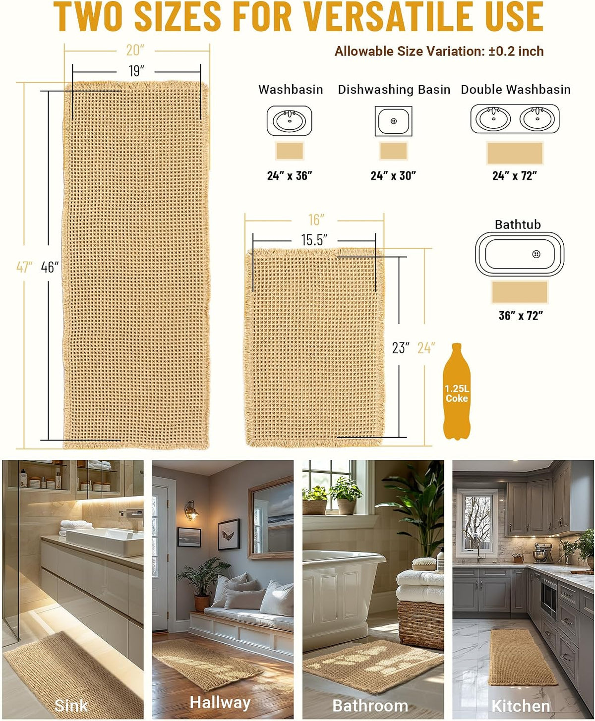 Furicher Large Waffle Bath Mat Set, Non Slip Bath Rug Set, Ultra Absorbent Bath Mats for Bathroom Decor, Extra Soft Floor Kitchen Rugs Sets 2 Piece, Washable Bath Runner Rug, Brown, 20"×47" & 16"×24"