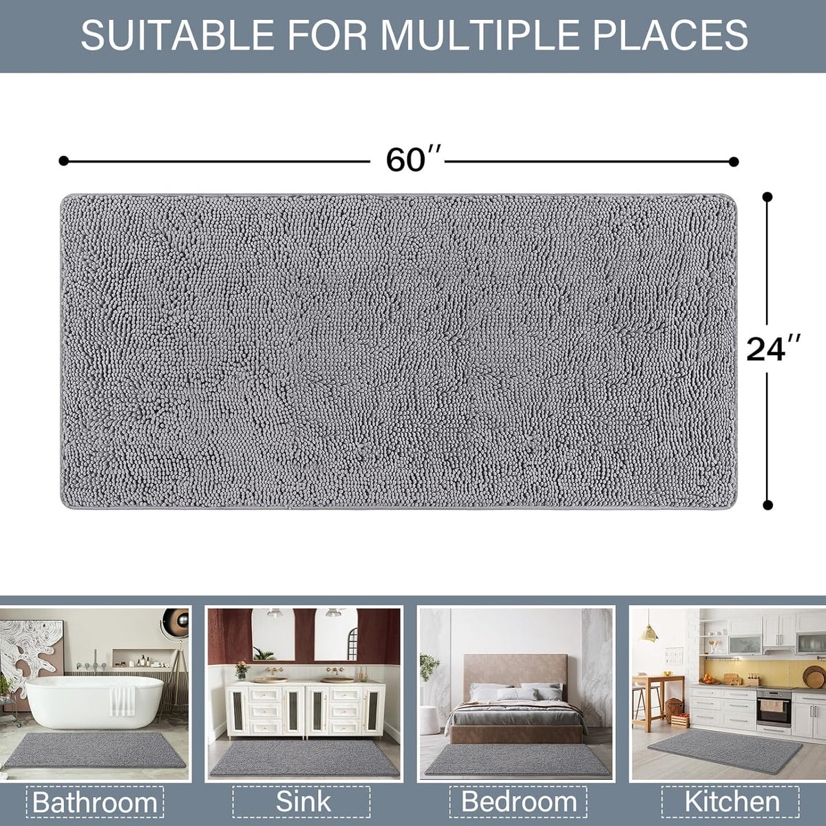 LOCHAS Luxury Bathroom Rug Shaggy Bath Mat 24 x 60 Inch, Gray