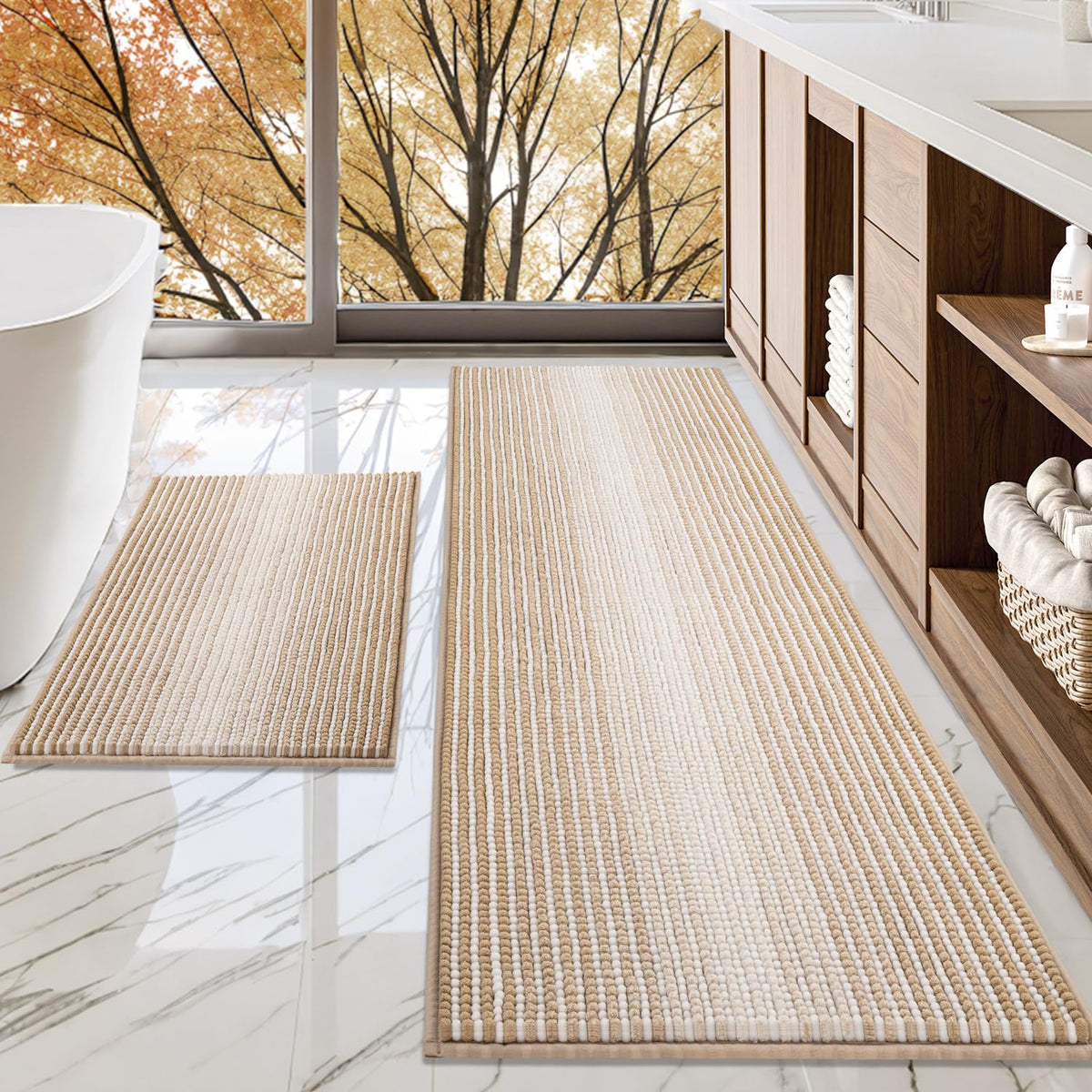 BSICPRO Bathroom Rugs Sets 2 Piece, Non Slip Boho Bath Mats, Beige