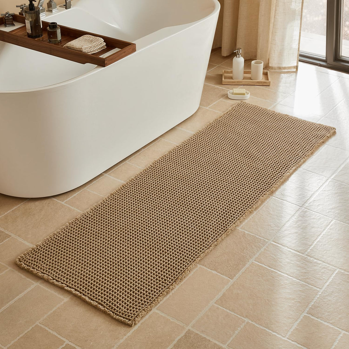 Triohero Waffle Bath Mat, Small Boho Bathroom Rugs Non Slip, 16x24 Khaki