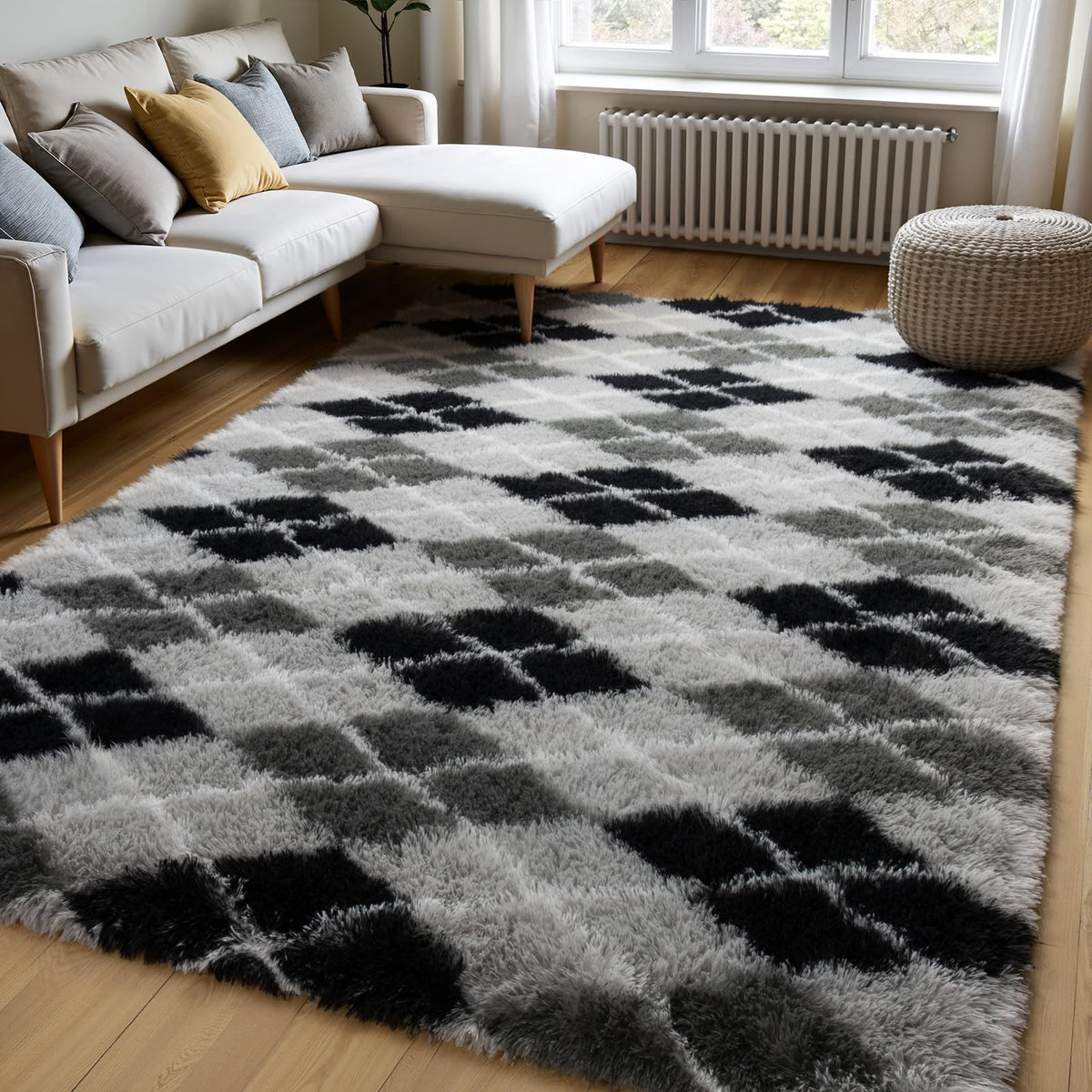 Zentavio 2x6 Runner Rugs for Hallway Shag Soft Bedroom Bedside Rugs Non Slip Fluffy Carpet for Kids Girls Boys Home Decor Aesthetic Dorm Nursery Tie-Dyed Black Grey