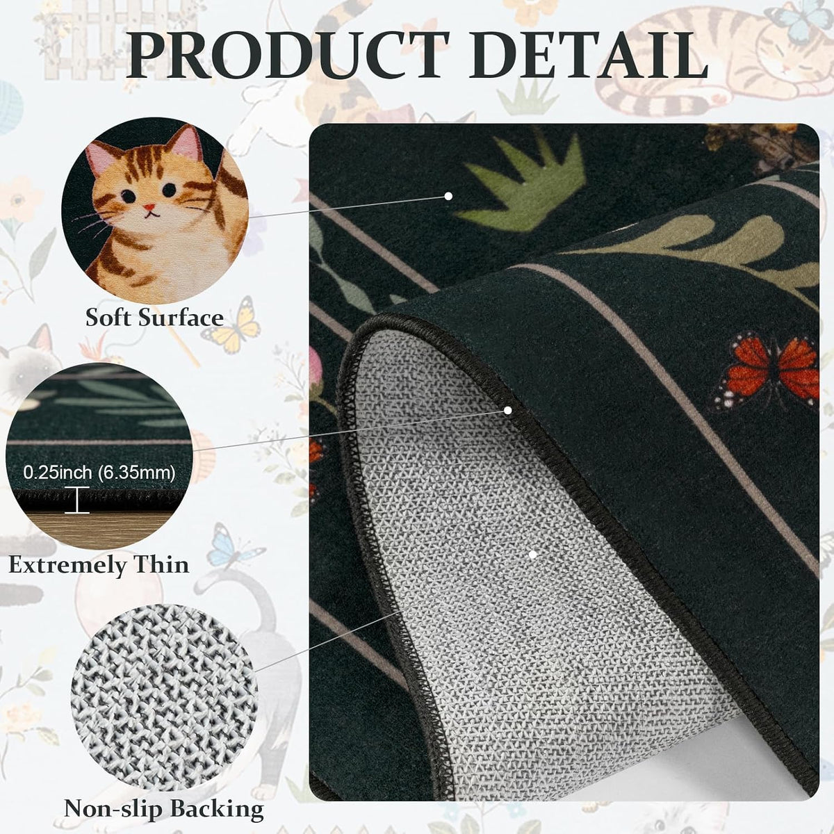 Unirea 2x3 Black Cute Cat Area Rug for Kitchen Entryway, Washable Door Mat