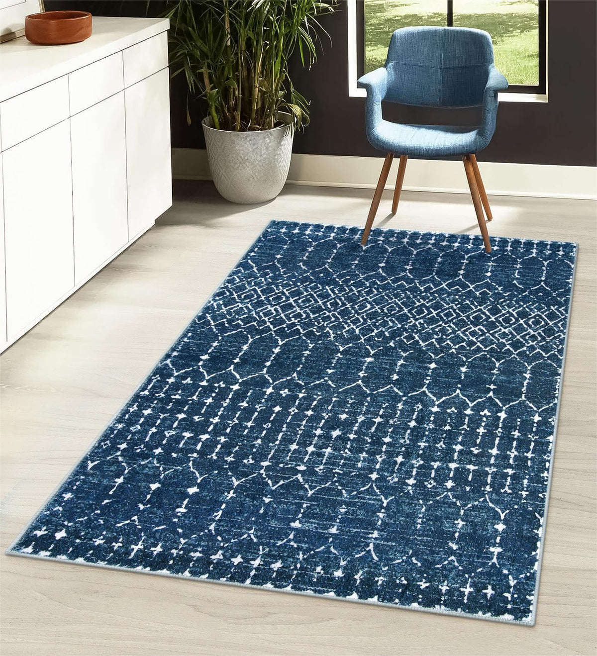 Lahome Moroccan Indoor Rugs for Entryway 2x3 Area Rug Non-Slip Backing Washable Inside Door Mats Low-Profile Throw Soft Rugs for Bathroom, Geometric Print Distressed Blue Rug for Kitchen Bedside Hana