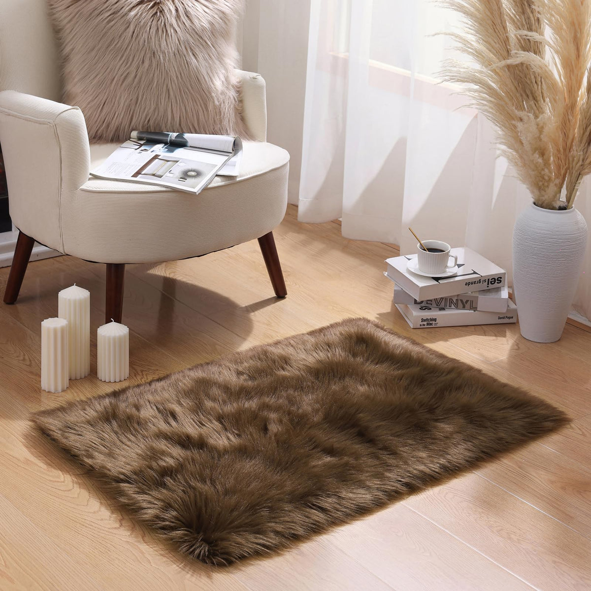 Ashler Faux Fur Rug, White, 2x3 Ft, Machine Washable