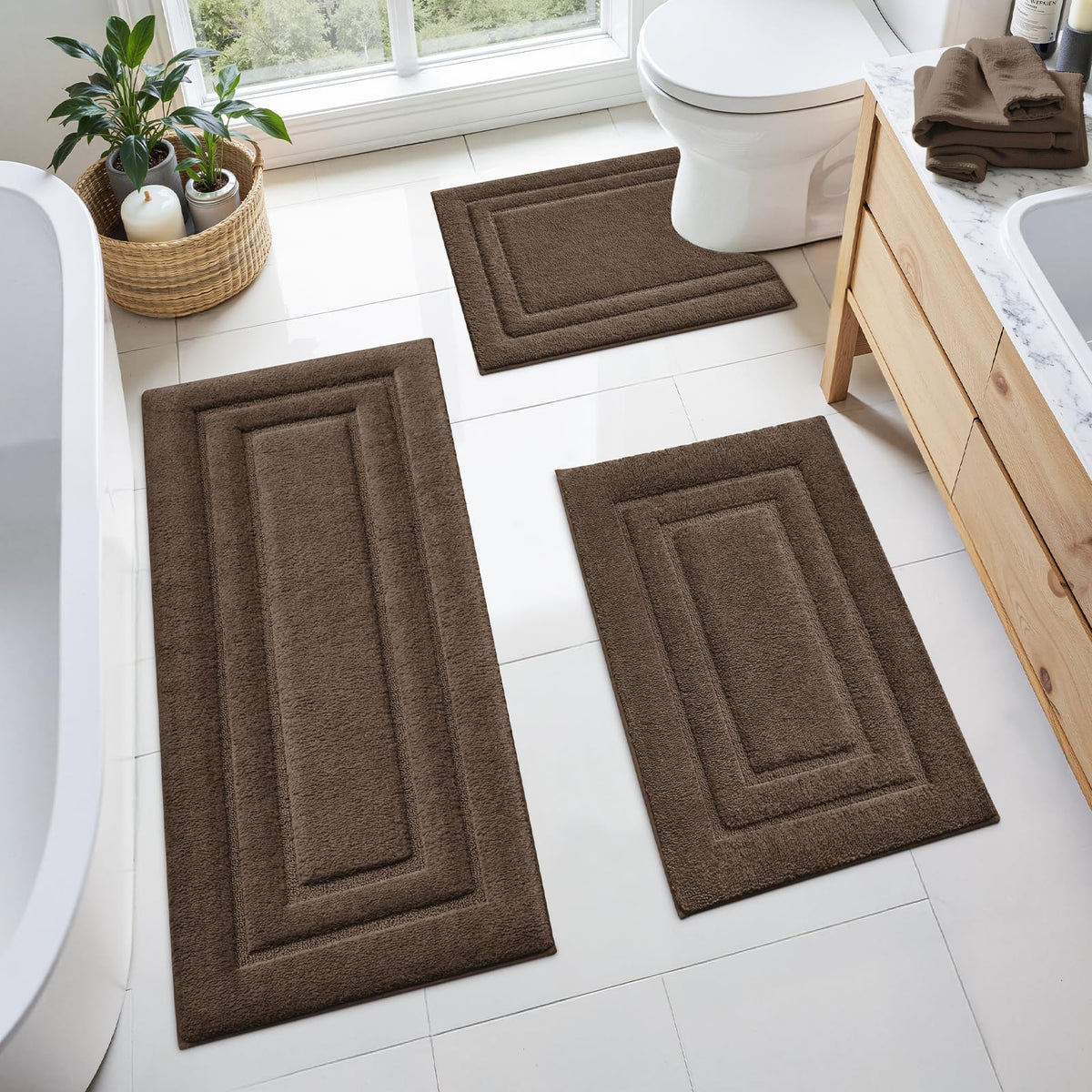 HOMEIDEAS Black Bathroom Rugs Set of 3, Non Slip Bath Mats