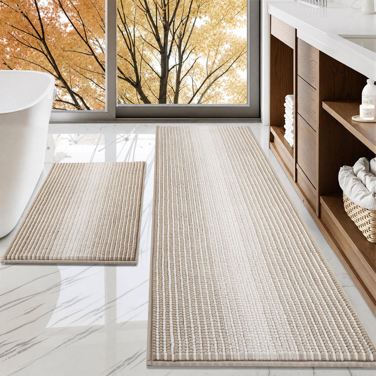 BSICPRO Bathroom Rugs Sets 2 Piece, Non Slip Striped Bath Mats, Sage