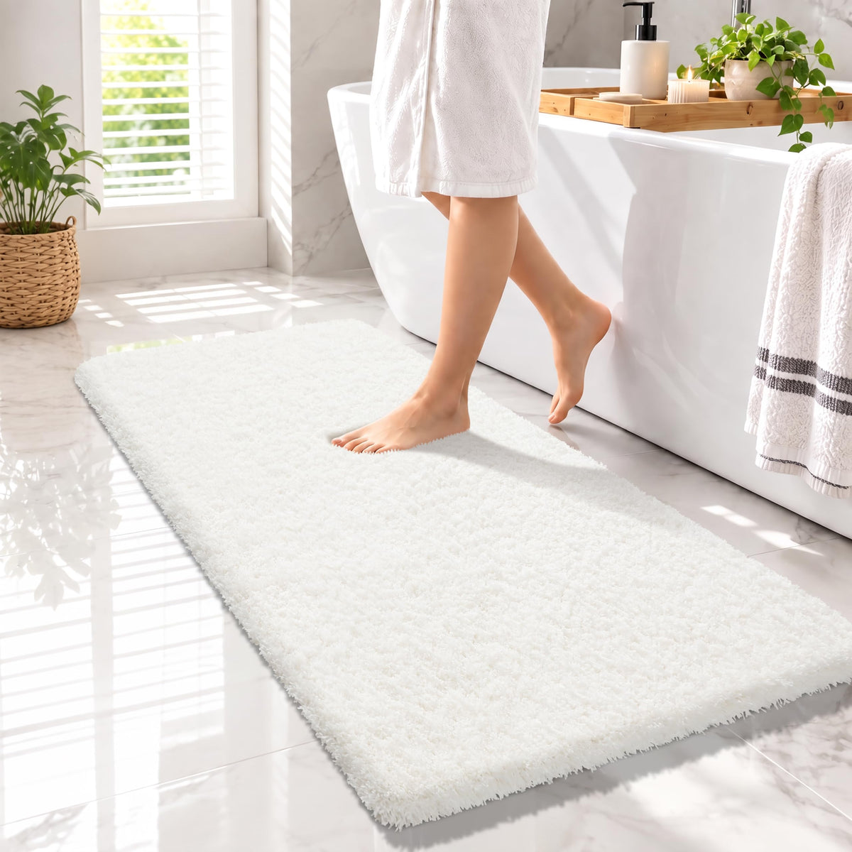 Yimobra Bathroom Rugs Non Slip Washable 32X20, Ultra Soft and Water Absorbent Bath Mats, Plush Fluffy Shower Mat Outside, Microfiber Thick Matts for Bathroom Floor/Tub, Light Gray and White