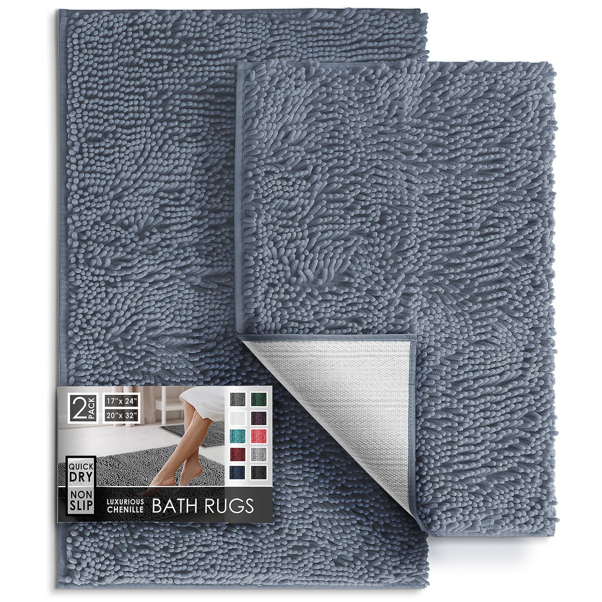 Hearth & Harbor Bathroom Rugs, Chenille Bath Mat - Machine Washable Bath Mats for Bathroom Non-Slip Backing Rubber, Quick Dry Bathroom Mat, 17 x 24 + 20 x 32 - Hunter Green