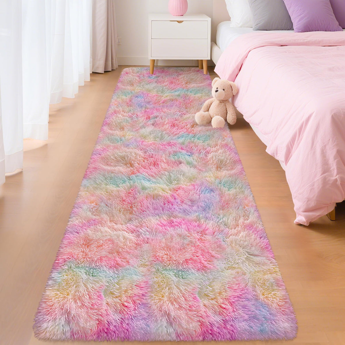 Soft Fluffy Beige Runner Rug for Bedroom, Bedside Long Rug Runner