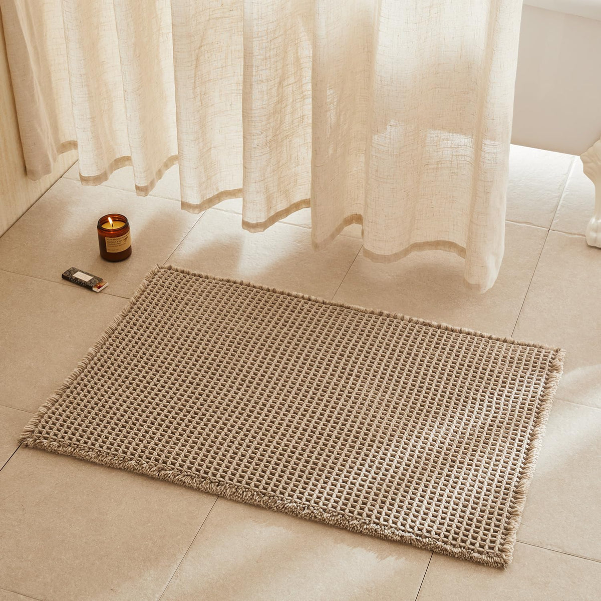 TYUU Waffle Bath Mat, Boho Bathroom Rugs Non Slip Washable, 30x20 Khaki