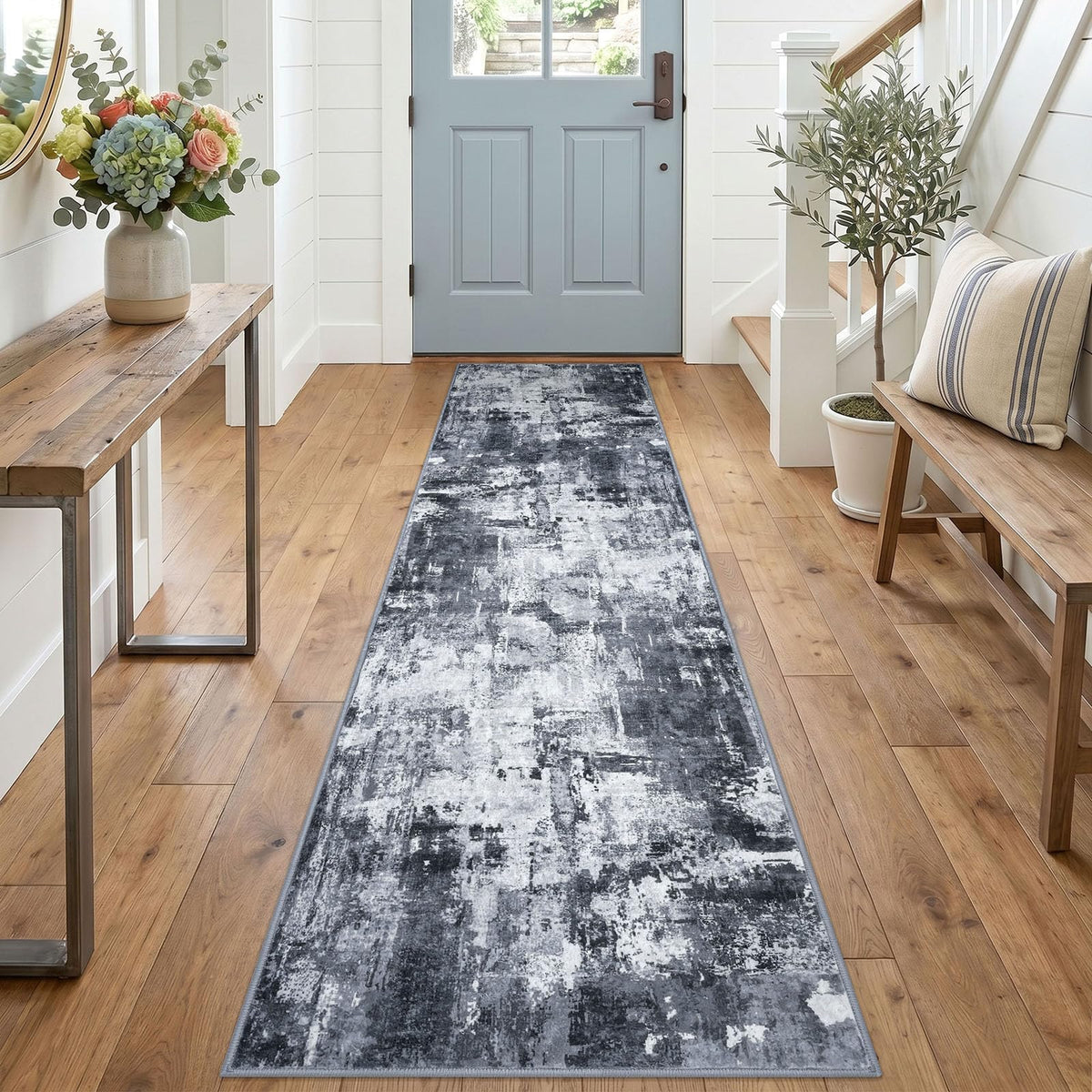 KOZYFLY Abstract Entryway Rug 2x3 Washable Door Mat Indoor Blue Beige