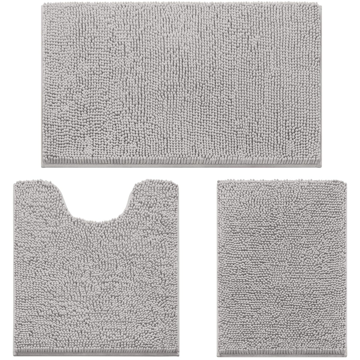 HOMEIDEAS Grey Chenille Bathroom Rugs Set of 3, Non Slip Bath Mat