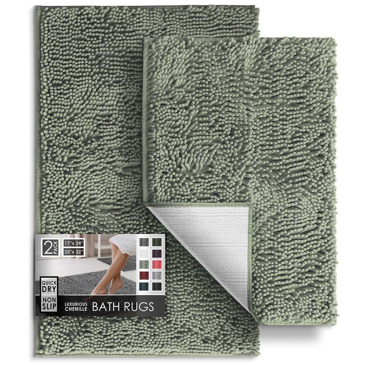 Hearth & Harbor Bathroom Rugs, Chenille Bath Mat - Machine Washable Bath Mats for Bathroom Non-Slip Backing Rubber, Quick Dry Bathroom Mat, 17 x 24 + 20 x 32 - Hunter Green