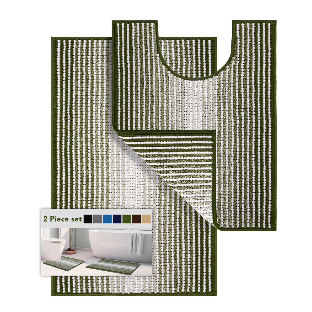 BSICPRO Bathroom Rugs Sets 2 Piece, Non Slip Striped Bath Mats, Sage