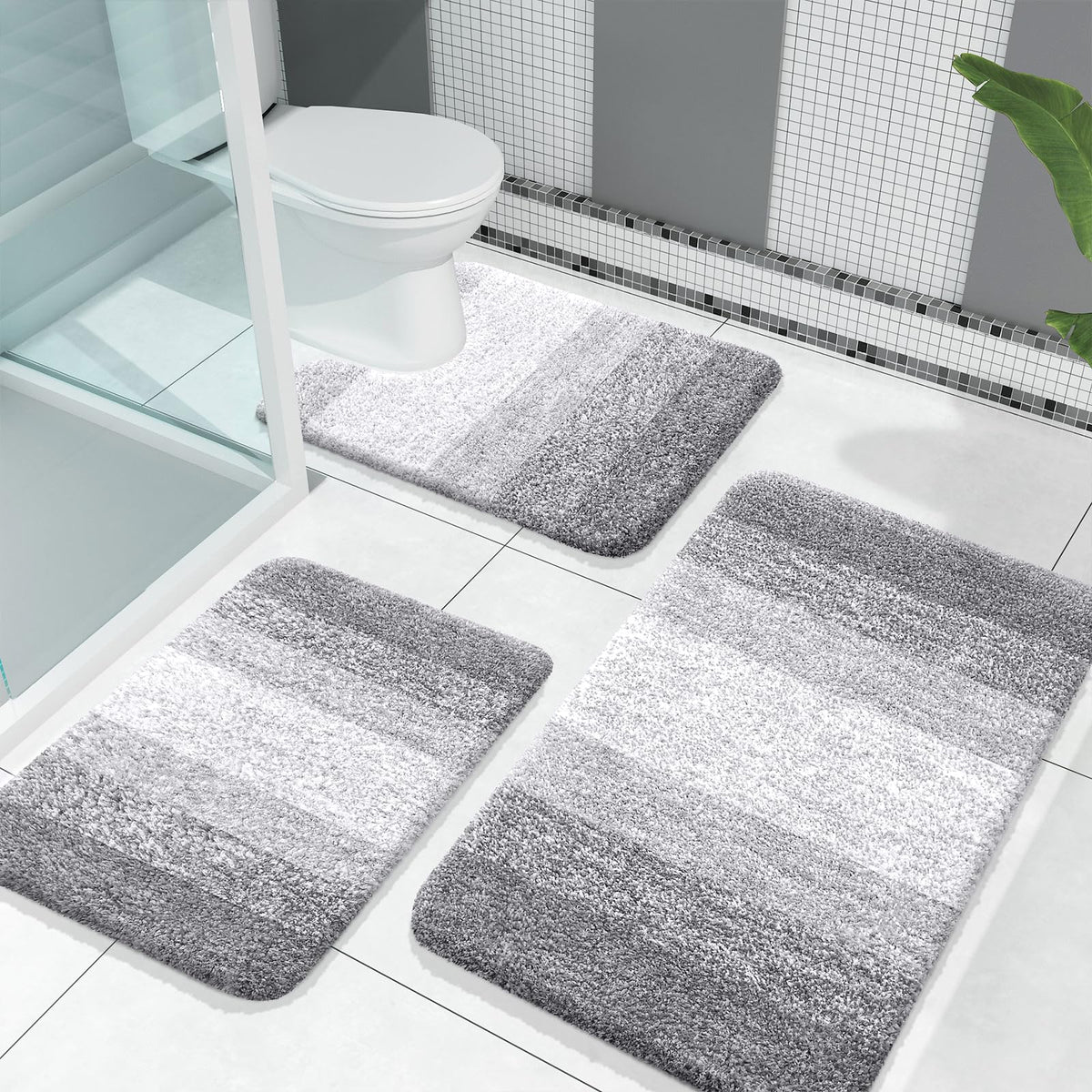 OLANLY Microfiber Bathroom Rugs Sets 3 Piece, Absorbent Bath Mats, Grey