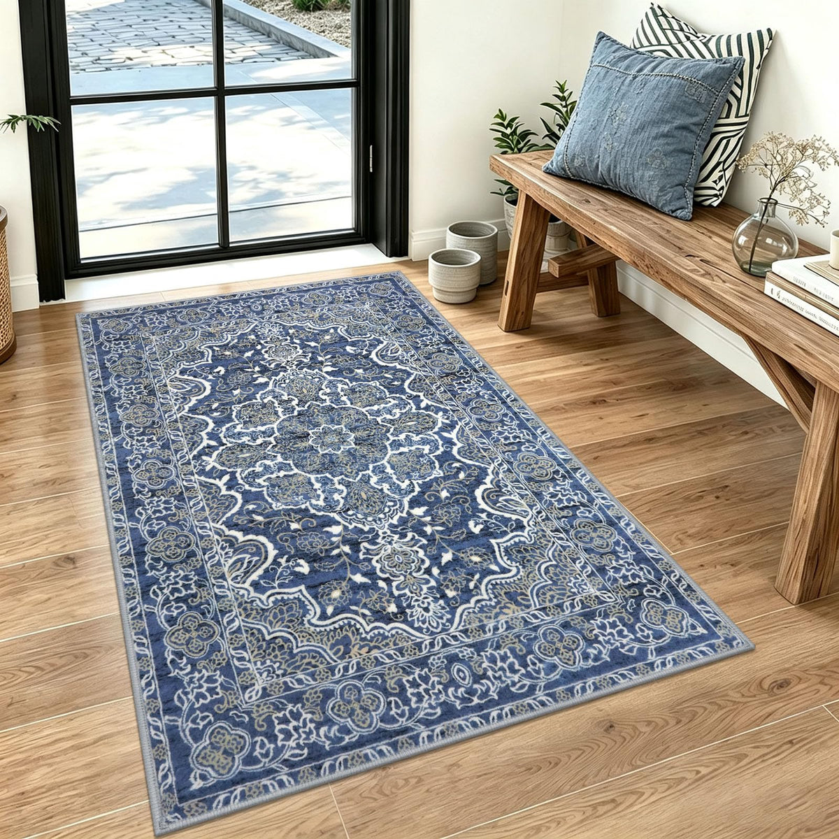KUTA Entryway Rugs Indoor Washable Small Area Rug 2x3 Blue Entrance Carpet