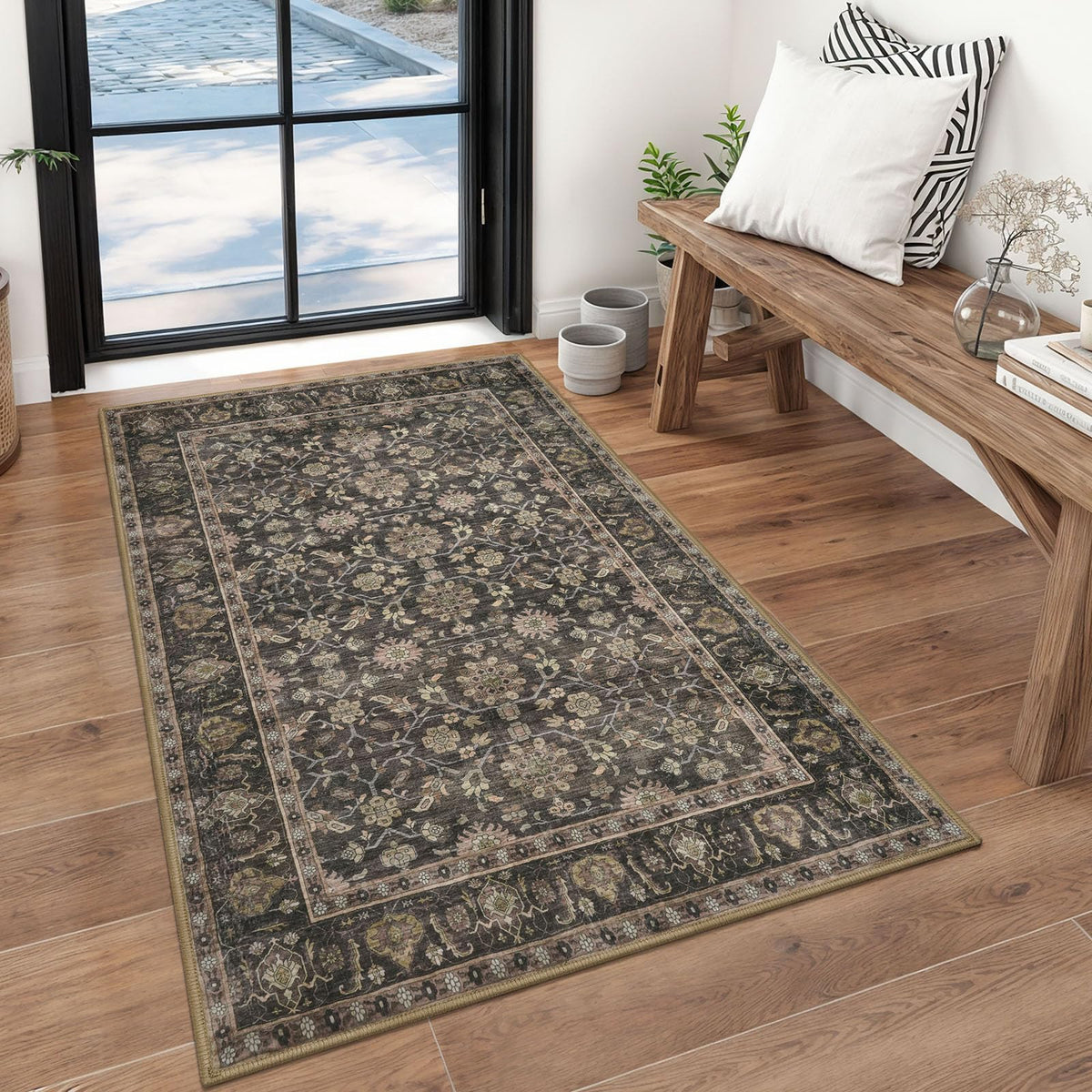 KUTA Vintage Floral Washable 2x3 Rugs for Entryway Blue Grey Beige