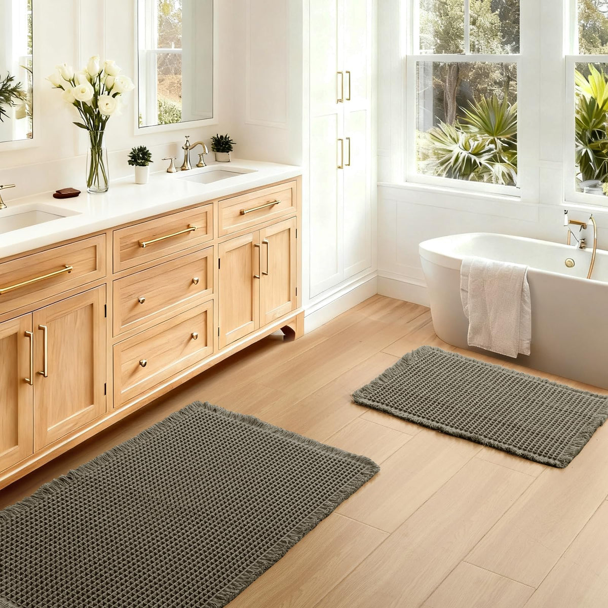 JIUZHEN Set of 2 Waffle Bath Mats Boho Bath Rugs 16"x24"+20"x32", Brown