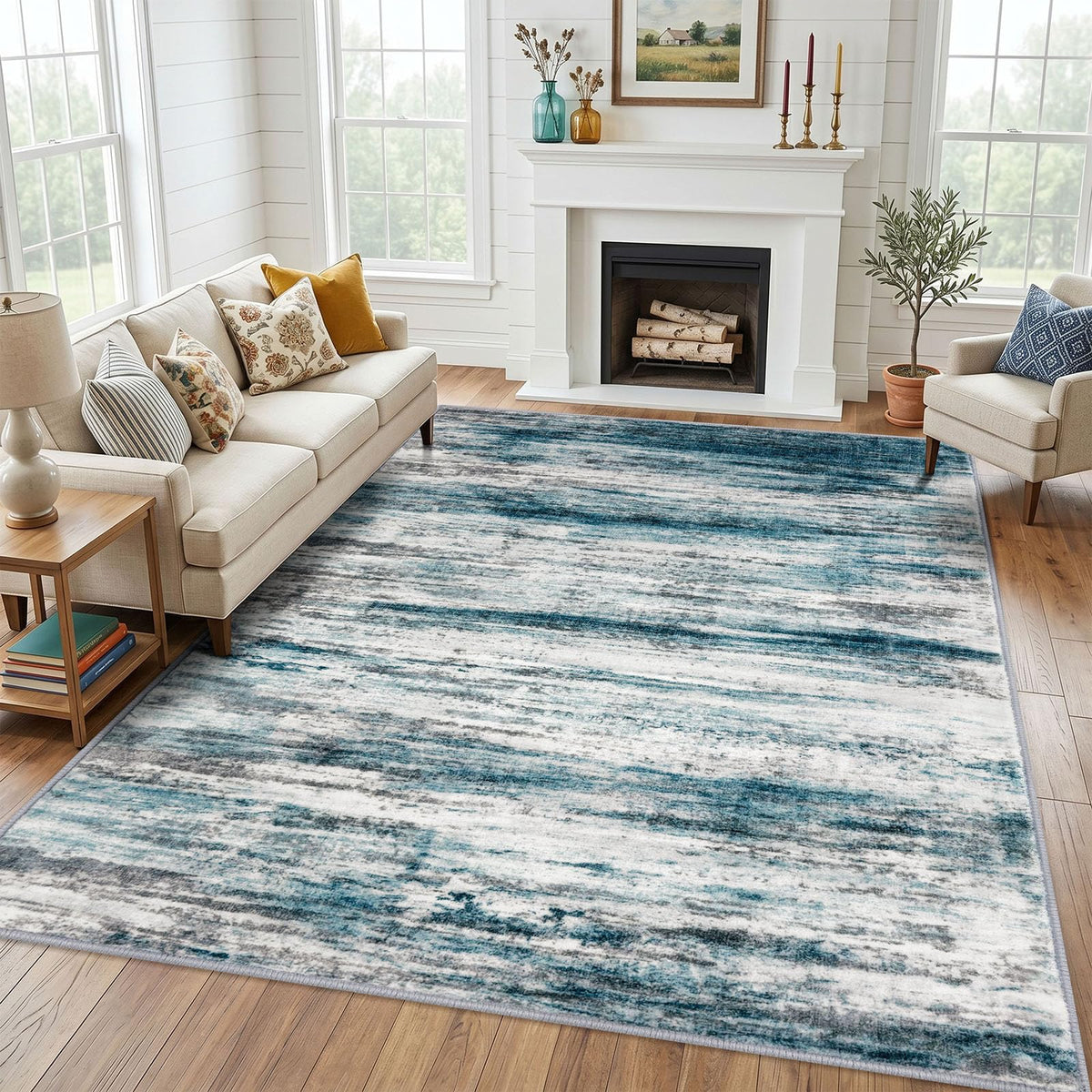 KOZYFLY Abstract Entryway Rug 2x3 Washable Door Mat Indoor Blue Beige